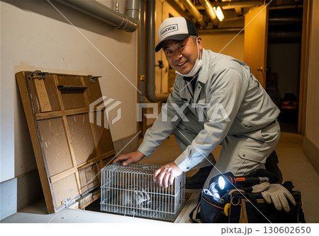 建物の床下で捕獲器を設置する害獣駆除業者。アライグマやタヌキを捕獲し、安心・安全な住環境を守るプロフ 130602650