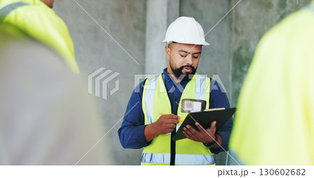 Man, clipboard and team at construction site for meeting, review and planning for renovation project. Lead engineer, checklist and staff with writing, notes and management for property development Man, clipboard and team at construction site for meeting, review and planning for renovation project. Lead engineer, checklist and staff with writing, notes and management for property development 130602682