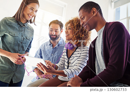 Internet, smile and business people with tablet in office streaming video, browse website and social media. Communication, work friends and group on digital tech for network, watching videos and meme 130602733