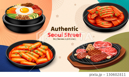 Realistic Authentic Korean Cuisine and Dishes Composition 130602811
