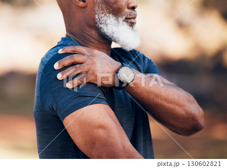 Senior hands, shoulder pain or injury in nature after accident, workout or training. Sports, health or elderly black man with fibromyalgia, inflammation and tendinitis, arthritis and painful arm. Senior hands, shoulder pain or injury in nature after accident, workout or training. Sports, health or elderly black man with fibromyalgia, inflammation and tendinitis, arthritis and painful arm. 130602821