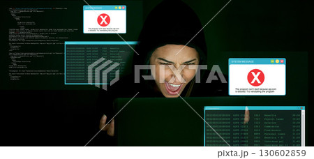 Angry, hacking and hacker man for cyber security, coding software, block server and error code for data protection. Frustrated programmer, cyberpunk thief or tech person fail crime in digital overlay 130602859