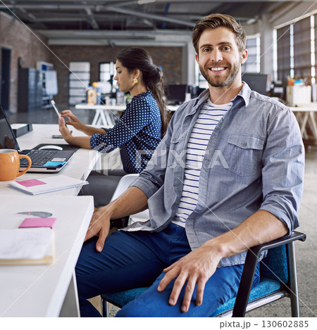 Confidence, smile and portrait of man at desk with laptop and woman at creative agency working on project together. Leadership, collaboration and happy employees or business people at design startup. Confidence, smile and portrait of man at desk with laptop and woman at creative agency working on project together. Leadership, collaboration and happy employees or business people at design startup. 130602885