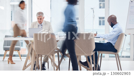Corporate, busy and motion blur with business people in an office boardroom for planning or strategy. Meeting, management or walking with a man and woman employee group rushing to attend a workshop Corporate, busy and motion blur with business people in an office boardroom for planning or strategy. Meeting, management or walking with a man and woman employee group rushing to attend a workshop 130602903