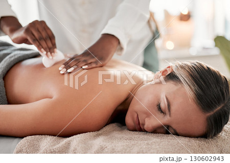 Skincare, spa and massage for woman with gua sha product for back pain, muscle and tension relief. Beauty salon, relax and girl with masseuse on a table with tool for spine, joint and inflammation Skincare, spa and massage for woman with gua sha product for back pain, muscle and tension relief. Beauty salon, relax and girl with masseuse on a table with tool for spine, joint and inflammation 130602943
