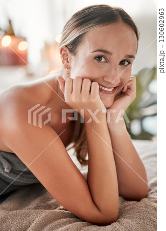 Spa massage, portrait and woman in massaging bed for wellness, relax and luxury zen. Face, lady and at resort for body care, therapy and pamper treatment, happy and smile with stress free relaxation Spa massage, portrait and woman in massaging bed for wellness, relax and luxury zen. Face, lady and at resort for body care, therapy and pamper treatment, happy and smile with stress free relaxation 130602963