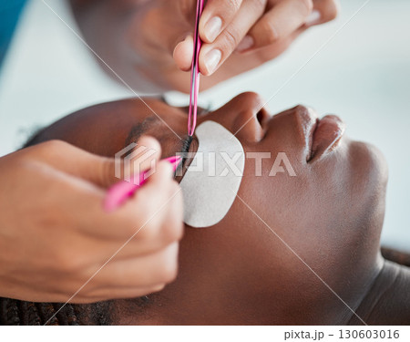 Makeup, eyelash extensions and salon with black woman for self care, beauty and cosmetology. Relax, wellness and cosmetics with girl customer and lashes technician for treatment, beautician and spa 130603016