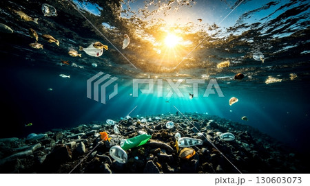 A large group of fish swimming in the ocean near a rocky shore 130603073