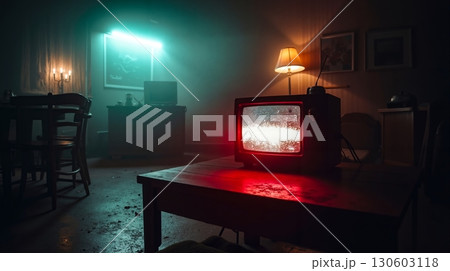 A television sitting on top of a wooden table in a dark room 130603118