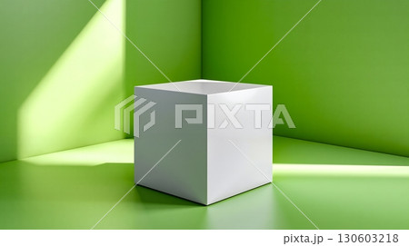 A white cube sitting on a green surface in a room 130603218