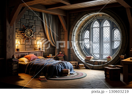 A bedroom with a bed and a round window in it 130603219