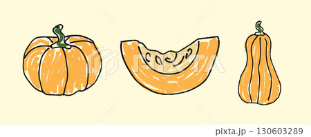 Whimsical hand drawn pumpkin in doodle sketch style with crayon texture. Autumn harvest, Thanksgiving food, and rustic seasonal decoration. Flat vector illustration isolated on background. Whimsical hand drawn pumpkin in doodle sketch style with crayon texture. Autumn harvest, Thanksgiving food, and rustic seasonal decoration. Flat vector illustration isolated on background. 130603289