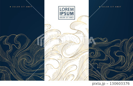 Vector set of golden wave wine package. Luxury jewelry, cosmetic, beauty product label design. Fancy sea, ocean japanese cards, vintage banners. Vector set of golden wave wine package. Luxury jewelry, cosmetic, beauty product label design. Fancy sea, ocean japanese cards, vintage banners. 130603376