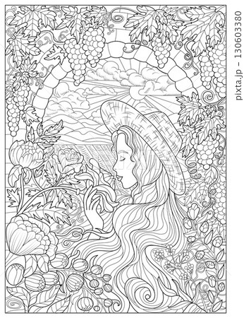 Pretty girl wearing straw hat with blooming flowers and ripe grape berries in the garden. Hand drawn line art vector illustration for coloring books, cards, wine branding. Vintage style 130603380