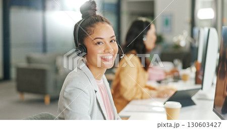 Business woman, call center and portrait for communication, telemarketing and happy sales on office computer. Agent or consultant in headphones for virtual customer support, helping and contact us 130603427