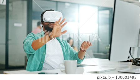 Business man, VR or futuristic glasses for office software, digital vision and user experience on 3d system. Virtual reality, high tech and electronics of employee or graphic designer in metaverse 130603495