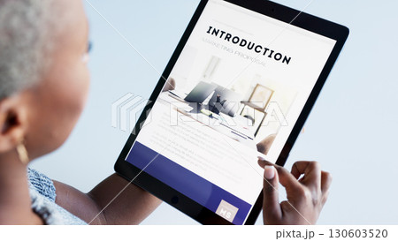 Business person, tablet and screen of website design, company introduction and summary or information. Worker reading on digital technology for professional webdesign page, copywriting and branding 130603520