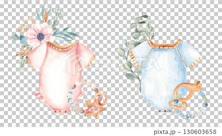 Baby Boy and Girl, Twins compositions Set in eco style. Bodysuit, Teething ring and floral bouquet. Watercolor hand painted cute kid clothes on a white background. For baby shower, gender reveal party Baby Boy and Girl, Twins compositions Set in eco style. Bodysuit, Teething ring and floral bouquet. Watercolor hand painted cute kid clothes on a white background. For baby shower, gender reveal party 130603658