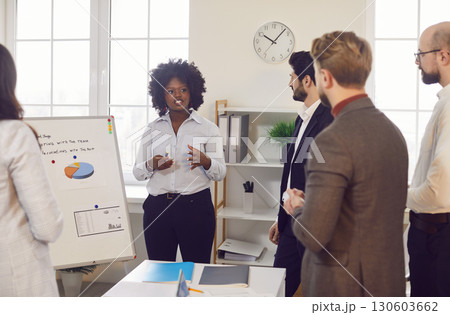 Group of business people standing in office listening to african american woman 130603662