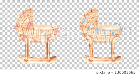 Watercolor Baby cradle Set for a Girl and a Boy from rattan with Bunting Party blue and pink Flags, Garland in Vintage style isolated on a white background. Children's eco accessory for newborn Watercolor Baby cradle Set for a Girl and a Boy from rattan with Bunting Party blue and pink Flags, Garland in Vintage style isolated on a white background. Children's eco accessory for newborn 130603663