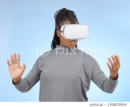 Vr, gaming and wow with black woman and metaverse for future, cyber and 3d system. Media, ui and web technology with girl gamer and headset for internet, augmented reality and data analytics graphics Vr, gaming and wow with black woman and metaverse for future, cyber and 3d system. Media, ui and web technology with girl gamer and headset for internet, augmented reality and data analytics graphics 130603664