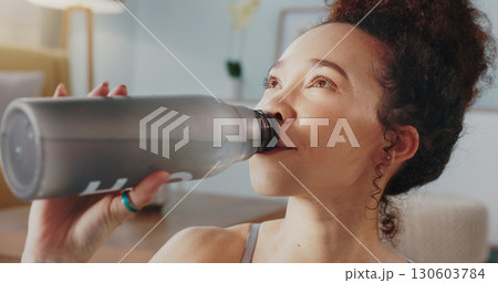 Woman, fitness and drinking water in yoga, hydration or zen workout in living room at home. Face of female person and mineral liquid or bottle in natural nutrition, diet or sustainability in exercise 130603784