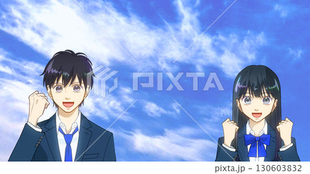 広がる青空、ガッツポーズをする高校生または中学生の男女のアニメ風イラスト 広がる青空、ガッツポーズをする高校生または中学生の男女のアニメ風イラスト 130603832