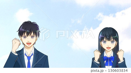 広がる青空、ガッツポーズをする高校生または中学生の男女のアニメ風イラスト 130603834