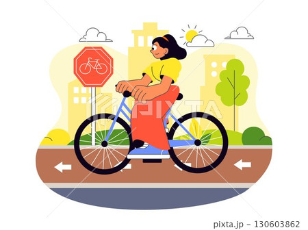 Urban Cycling Vector Illustration featuring People Engaged in Outdoor Leisure Activities, Riding Bicycles with Helmets on a Road Track in a Background Urban Cycling Vector Illustration featuring People Engaged in Outdoor Leisure Activities, Riding Bicycles with Helmets on a Road Track in a Background 130603862
