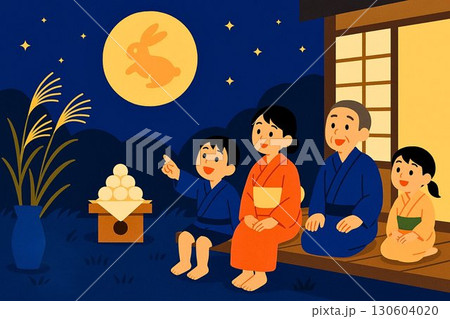 十五夜のお月見を楽しむ家族のイラスト 130604020