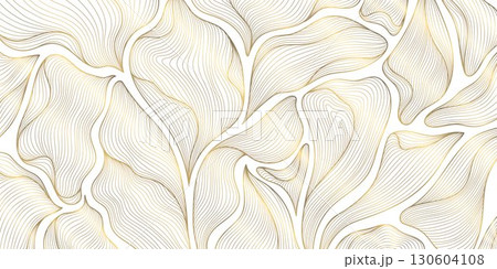 Elegant vector illustration, golden floral patterns, abstract leaves, geometric ornaments, modern yet vintage botanical design. The background is perfect for premium wallpapers, cards, banners, print. 130604108