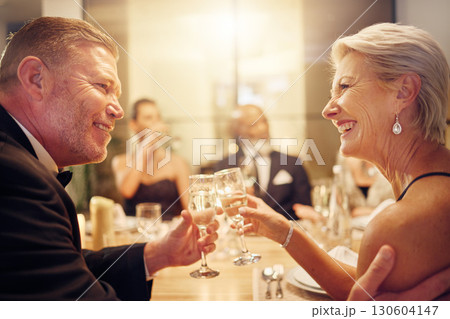 Senior, party or couple of friends toast in celebration of goals or achievement at luxury social event. Motivation, funny or happy people cheers with champagne drinks or wine glasses at dinner gala Senior, party or couple of friends toast in celebration of goals or achievement at luxury social event. Motivation, funny or happy people cheers with champagne drinks or wine glasses at dinner gala 130604147