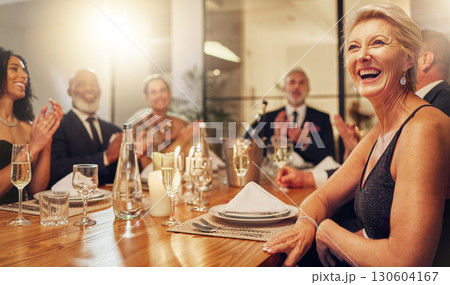 People, party and clapping at restaurant in night with friends, business executive team or happy for success. New year, applause, celebration gala with champagne, congratulations or group motivation 130604167