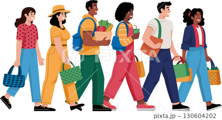 A group of happy and diverse friends of different races and colors walk happily, holding bags and shopping bags from a store 130604202