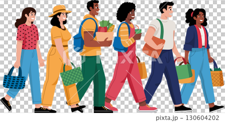 A group of happy and diverse friends of different races and colors walk happily, holding bags and shopping bags from a store 130604202