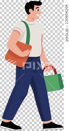 A happy man walk happily, holding bags and shopping bags from a store 130604204