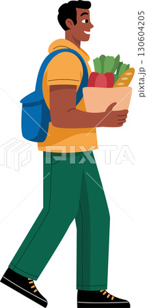 A happy man walk happily, holding bags and shopping bags from a store A happy man walk happily, holding bags and shopping bags from a store 130604205