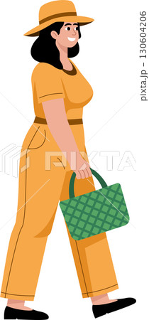 A happy woman walk happily, holding bags and shopping bags from a store A happy woman walk happily, holding bags and shopping bags from a store 130604206