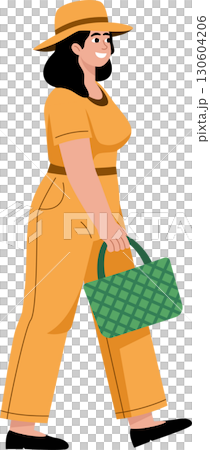 A happy woman walk happily, holding bags and shopping bags from a store A happy woman walk happily, holding bags and shopping bags from a store 130604206