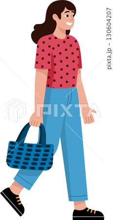A happy woman walk happily, holding bags and shopping bags from a store 130604207
