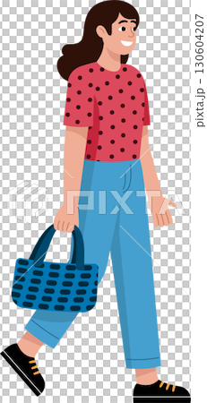 A happy woman walk happily, holding bags and shopping bags from a store 130604207