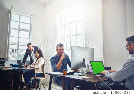 Portrait, teamwork and business man by computer in office workplace. Laptop, mockup green screen and young male employee working on marketing, advertising or sales project with people or coworkers Portrait, teamwork and business man by computer in office workplace. Laptop, mockup green screen and young male employee working on marketing, advertising or sales project with people or coworkers 130604285