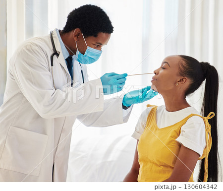 Doctor, patient or covid swab test in hospital checkup, clinic wellness or bacteria virus control. Black woman, cotton or nose with healthcare worker in disease sample, medical research or compliance 130604342