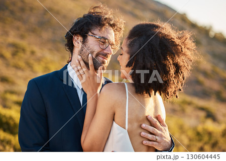 Love, happy and wedding with couple in nature for celebration, happiness and romance. Sunset, hug and affectionate with man and woman in embrace at countryside for ceremony, marriage and smile Love, happy and wedding with couple in nature for celebration, happiness and romance. Sunset, hug and affectionate with man and woman in embrace at countryside for ceremony, marriage and smile 130604445