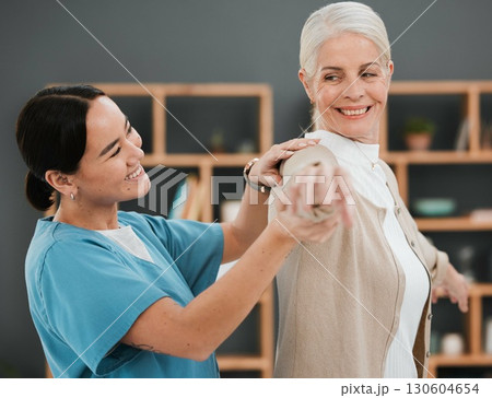 Support, senior and woman with a doctor for physical therapy, rehabilitation and healthcare. Help, training and elderly patient with a physiotherapist for physiotherapy, exercise and treatment 130604654