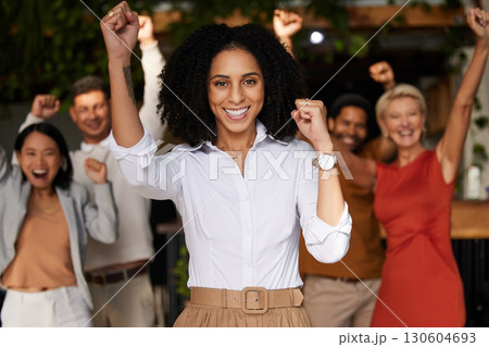 Black woman, party and business celebration at night for winning, success and achievement with leader. Diversity men and women together for company growth, bonus deal or goals cheering with hand fist Black woman, party and business celebration at night for winning, success and achievement with leader. Diversity men and women together for company growth, bonus deal or goals cheering with hand fist 130604693
