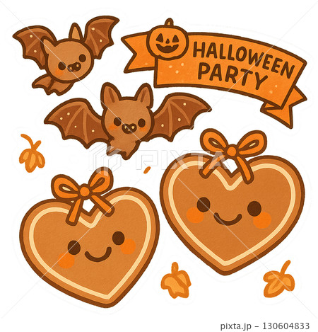 A cheerful Halloween party scene with pretzel-winged bats and smiling gingerbread hearts on transparent background PNG with warm kawaii palette 130604833