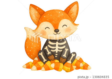Cute woodland fox wearing skeleton costume with bright orange accents playfully seated in candy corn pile PNG transparent background Cute woodland fox wearing skeleton costume with bright orange accents playfully seated in candy corn pile PNG transparent background 130604835