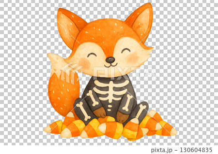 Cute woodland fox wearing skeleton costume with bright orange accents playfully seated in candy corn pile PNG transparent background Cute woodland fox wearing skeleton costume with bright orange accents playfully seated in candy corn pile PNG transparent background 130604835