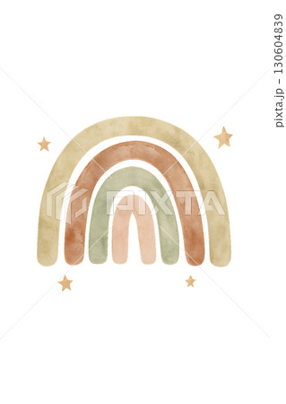 Single muted boho rainbow with earthy pastel tones on transparent background PNG illustration using clean lines 130604839
